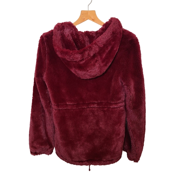 Faux Fur Hooded Burgundy Coat with Pockets - Picture 2 of 3